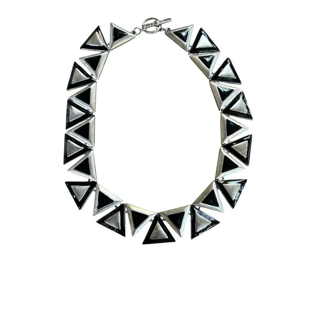 Vintage Black Enamel And Silver Metal Triangle Fashion Choker Necklace